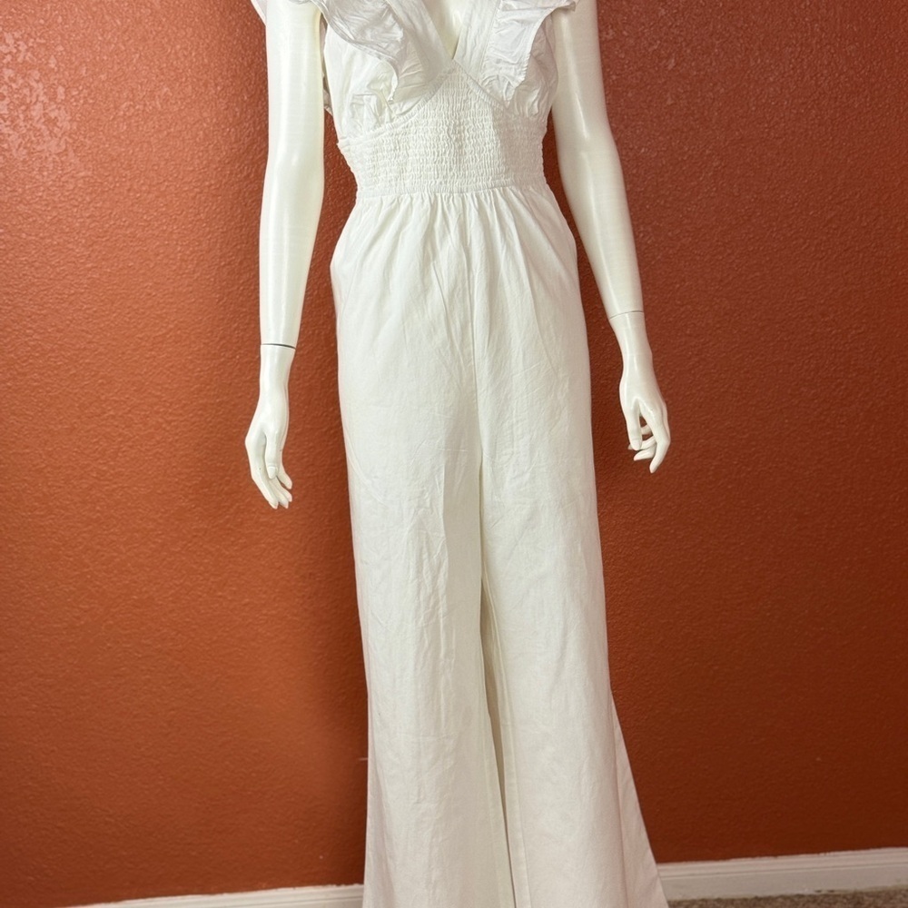 And Now This Women's Cotton V-Neck Ruffled Jumpsuit Calla Lily Size XL